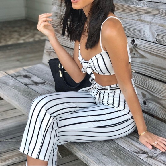 Two piece, black and white stripes, crop top and capri pant set. - Picture 3 of 6